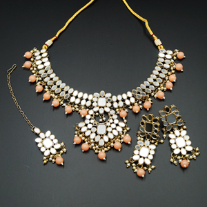 Maai White Mirror/Peach Beads Necklace Set - Antique Gold