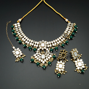 Maai White Mirror/Green Beads Necklace Set - Antique Gold
