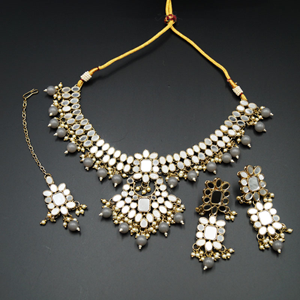 Maai White Mirror/Grey Beads Necklace Set - Antique Gold