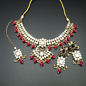 Maai White Mirror/Hot Pink Beads Necklace Set - Antique Gold