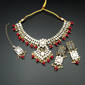 Maai White Mirror/Cerise Beads Necklace Set - Antique Gold