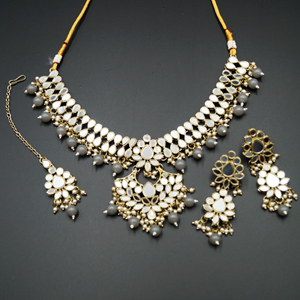 Raah White Mirror/Grey Bead Pearl Necklace Set - Antique Gold