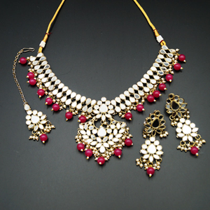 Raah White Mirror/Hot Pink Bead Pearl Necklace Set - Antique Gold