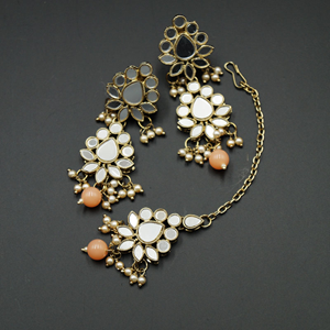 Raah White Mirror/Peach Bead Pearl Necklace Set - Antique Gold