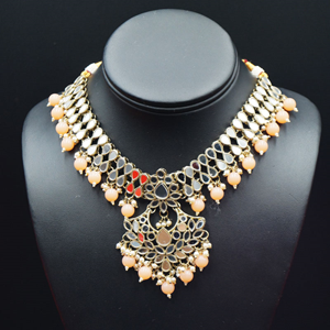Raah White Mirror/Peach Bead Pearl Necklace Set - Antique Gold