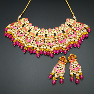 Vasu Kundan Meenakari Hot Pink Necklace Set - Gold