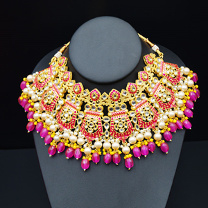 Vasu Kundan Meenakari Hot Pink Necklace Set - Gold