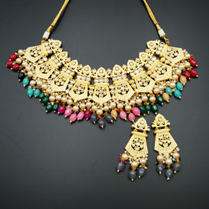 Vasu Kundan Meenakari Multicolour Necklace Set - Gold