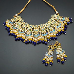 Vasu Kundan Meenakari Blue Necklace Set - Gold