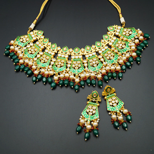 Vasu Kundan Meenakari Green Necklace Set - Gold