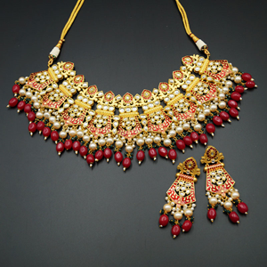 Vasu Kundan Meenakari Cerise Necklace Set - Gold