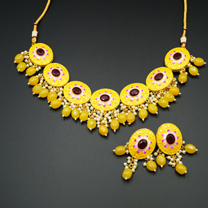 Loa Meenakari Bright Yellow Necklace Set - Gold