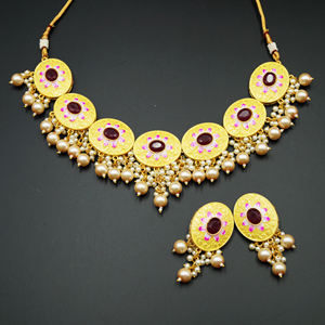 Loa Meenakari Light Yellow Necklace Set - Gold