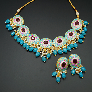 Loa Meenakari Turquoise Necklace Set - Gold