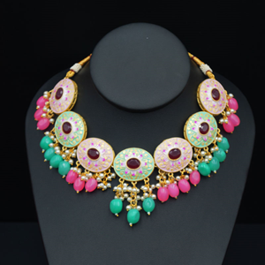 Loa Meenakari Mint/Pink Necklace Set - Gold
