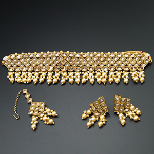 Maka Gold Polki Choker Necklace Set - Antique Gold