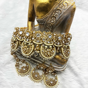 Naaj White/Gold Polki Stone Choker Necklace Set - Antique Gold