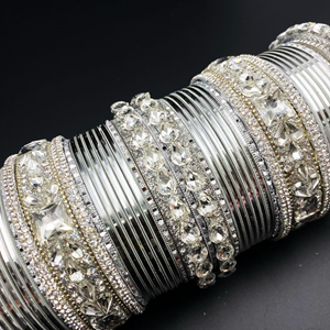 Diwa White Stone Bangle Set - Silver