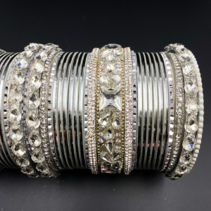 Diwa White Stone Bangle Set - Silver