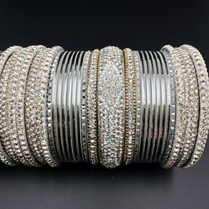 Laju White Stone Bangle Set - Silver