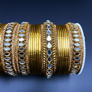 Pari White Mirror Stone Bangle Set - Antique Gold