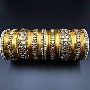 Meha White Mirror Stone Bangle Set - Antique Gold