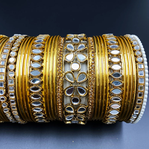 Meha White Mirror Stone Bangle Set - Antique Gold