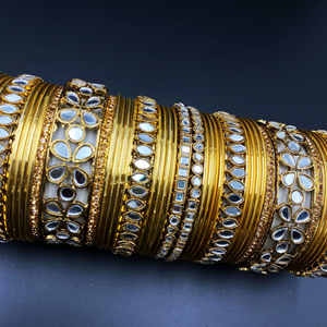 Meha White Mirror Stone Bangle Set - Antique Gold