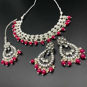 Riku Hot Pink Kundan Necklace Set - Silver