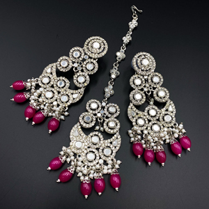 Izar Hot Pink Mirror Stone Earring Tikka Set - Silver