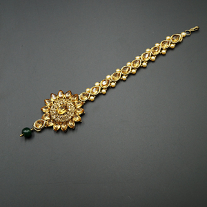 Xita Green Diamante Stone Tikka - Antique Gold