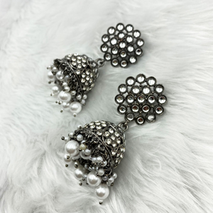 Eki White Stone Jhumka - Gun Metal