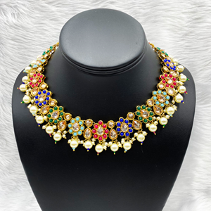 Fara Polki Stone Multicolour Necklace Set - Antique Gold