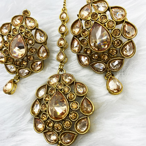 Gea Gold Polki Stone Earring Tikka Set - Antique Gold