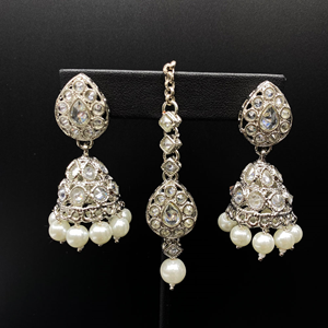 Xara White Polki Stone Rani Haar Set - Silver