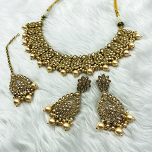Gati Gold Polki Stone Necklace Set - Antique Gold