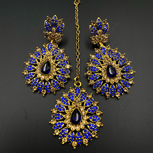 Ahi Royal Blue Diamante Necklace Set - Gold