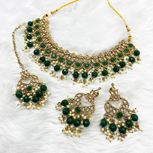 Gunjan Green Necklace Set - Antique Gold
