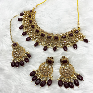 Sana Maroon Necklace Set - Antique Gold