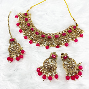 Sana Hot Pink Necklace Set - Antique Gold