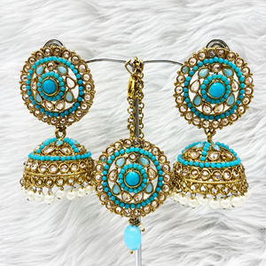 Saee Turquoise Jhumka Earring Tikka Set - Antique Gold