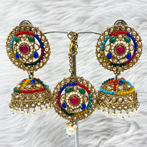 Saee Multicolour Jhumka Earring Tikka Set - Antique Gold