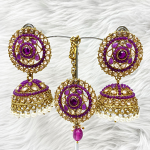 Saee Purple Jhumka Earring Tikka Set - Antique Gold