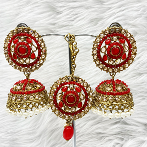 Saee Red Jhumka Earring Tikka Set - Antique Gold