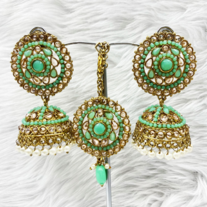 Saee Pista Jhumka Earring Tikka Set - Antique Gold