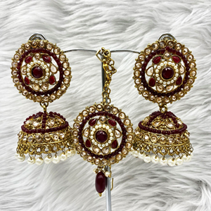 Saee Maroon Jhumka Earring Tikka Set - Antique Gold