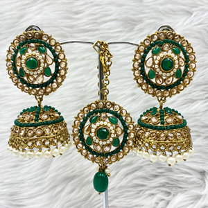 Saee Green Jhumka Earring Tikka Set - Antique Gold