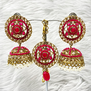 Saee Hot Pink Jhumka Earring Tikka Set - Antique Gold
