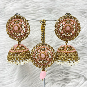 Saee Baby Pink Jhumka Earring Tikka Set - Antique Gold