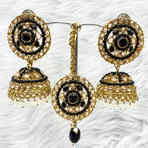 Saee Black Jhumka Earring Tikka Set - Antique Gold